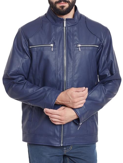dark blue leather biker jacket - 12180105 - Very Small Image - 1