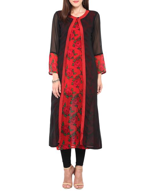 black georgette floral printed a-line kurta - 12184498 - Very Small Image - 1