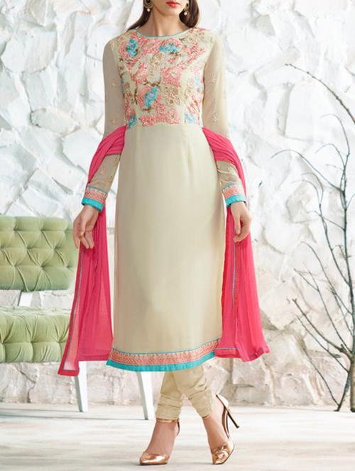 beige georgette semistitched suit - 12196511 - Very Small Image - 1