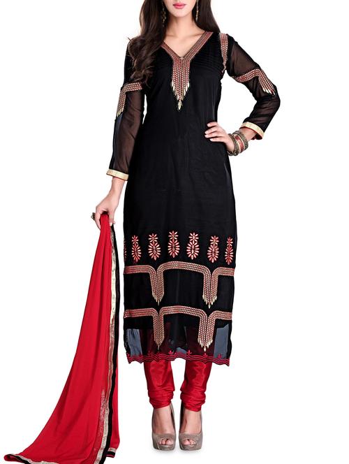 embroidered black semi-stitched suit set - 1220069 - Very Small Image - 1