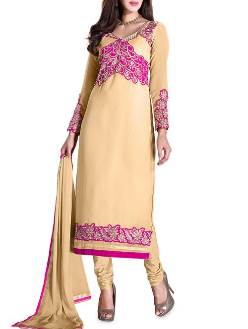 embroidered beige semi-stitched suit set - 1220071 - Very Small Image - 1