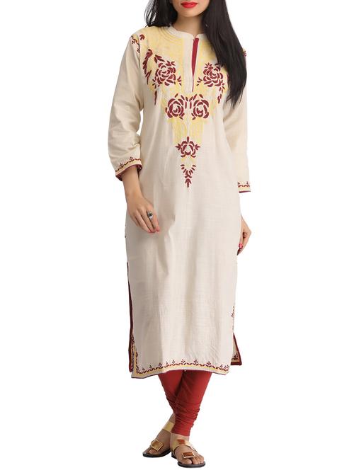 beige cotton straight kurti - 12207009 - Very Small Image - 1