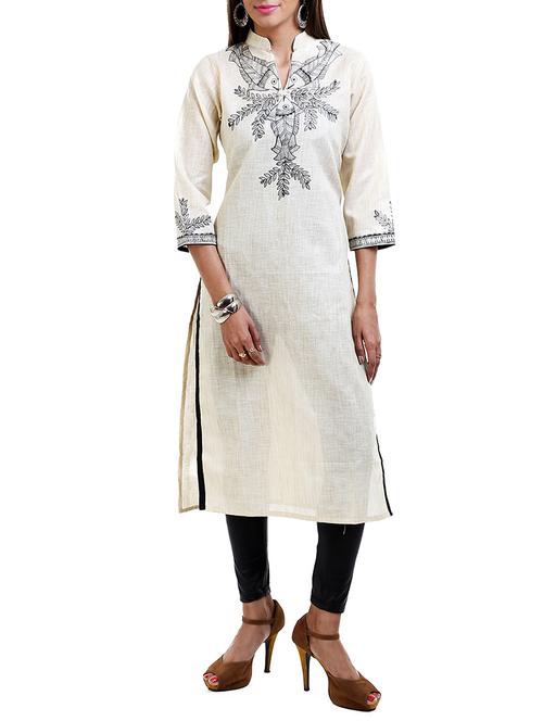 cream cotton blend straight kurta - 12208153 - Very Small Image - 1
