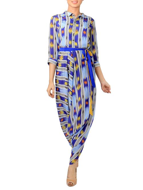 light blue ikat print dhoti style tie-up jumpsuit - 12208523 - Very Small Image - 1