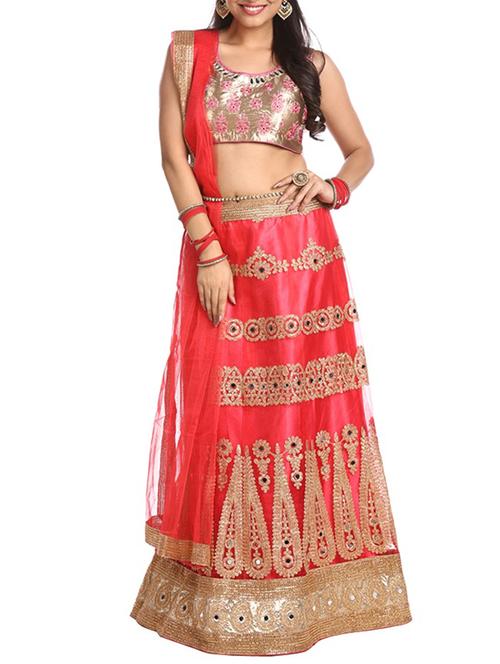 red georgette straight lehenga - 12215540 - Very Small Image - 1