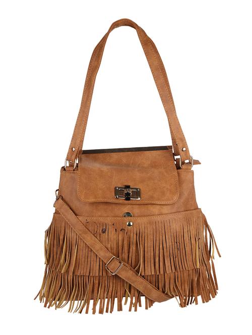 brown leatherette fringed handbag cum sling - 12239977 - Very Small Image - 1