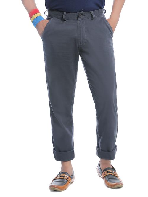 grey cotton flat front casual trousers - 12244741 - Very Small Image - 1