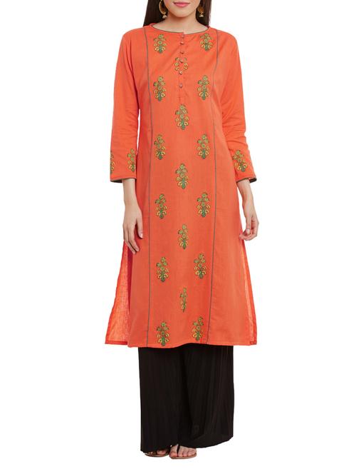 orange cotton straight kurta - 12251094 - Very Small Image - 1