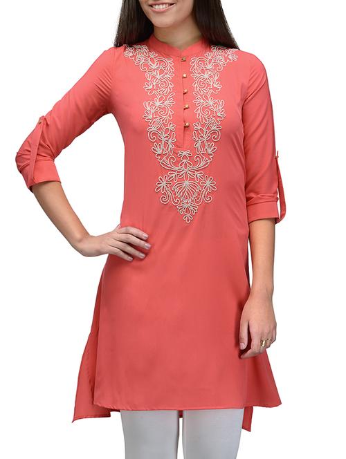 peach crepe high low kurti - 12251887 - Very Small Image - 1