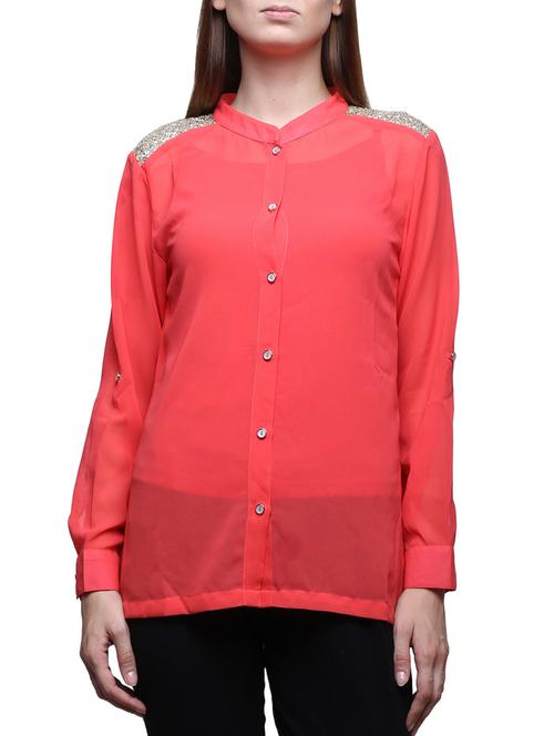 coral embellished georgette regular shirt - 12253149 - Very Small Image - 1