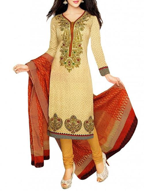 beige cotton unstitched suit - 12258476 - Very Small Image - 1