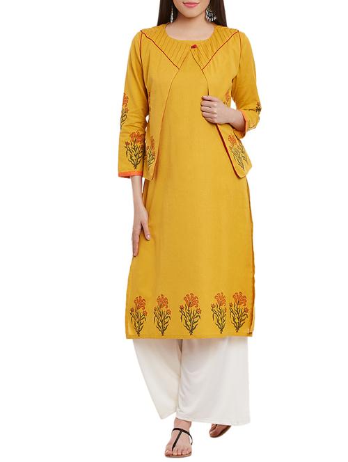 mustard cotton straight kurta - 12260827 - Very Small Image - 1