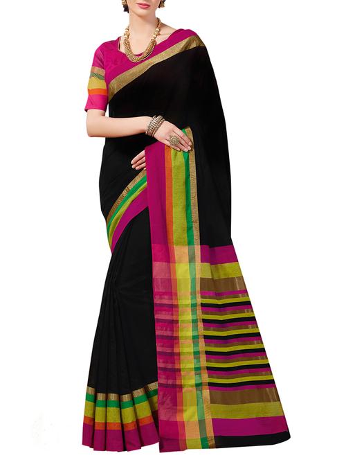 contrast striped zari border saree with blouse - 12265532 - Very Small Image - 1