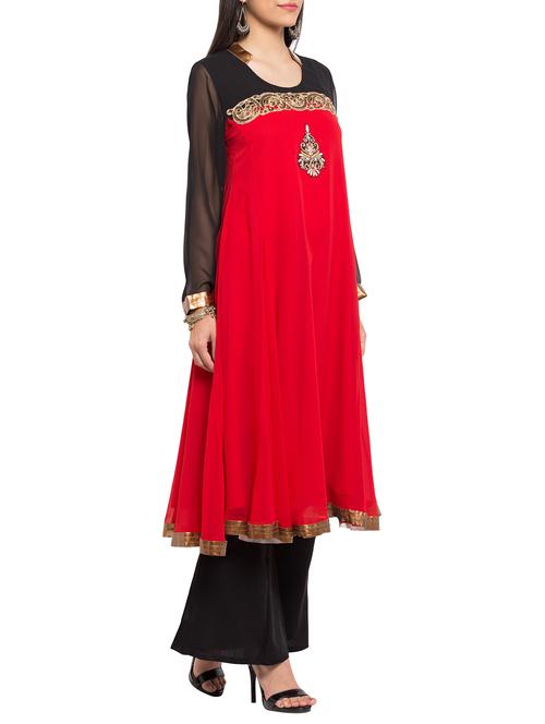 red georgette embroidered flared kurta - 12266362 - Very Small Image - 1