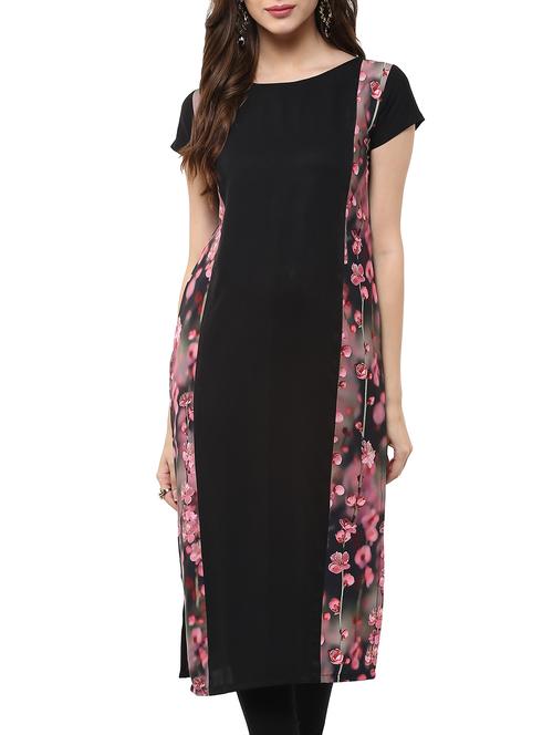Black Crepe Printed Straight Kurta - 12266558 - Very Small Image - 1