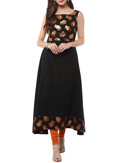 gold foil print flared kurta - 12266565 - Very Small Image - 1