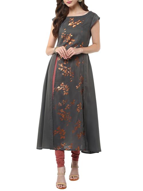 Grey Crepe high slit printed Kurta - 12266566 - Very Small Image - 1