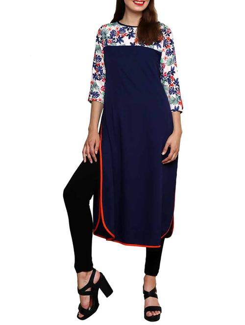 blue poly crepe straight plain  kurta - 12269921 - Very Small Image - 1
