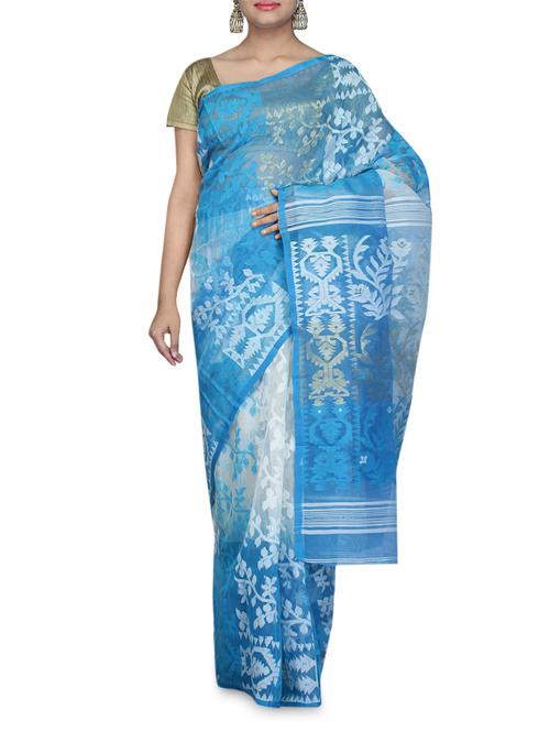 Blue And Grey Handloom Cotton Jamdani Sari - 1227334 - Very Small Image - 1