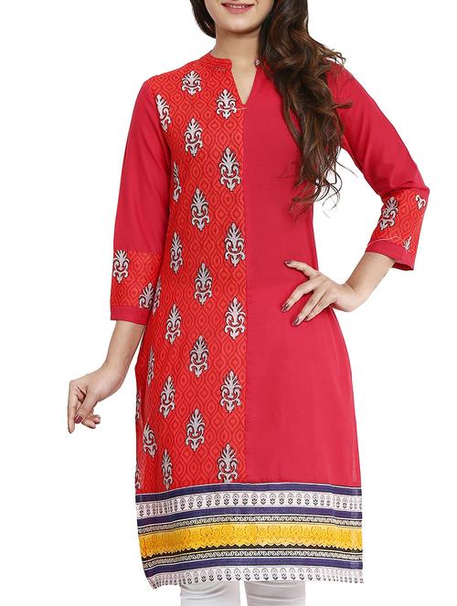 red cotton straight kurta - 12276044 - Very Small Image - 1