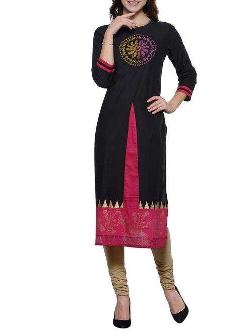 black cotton  long straight kurta - 12277266 - Very Small Image - 1