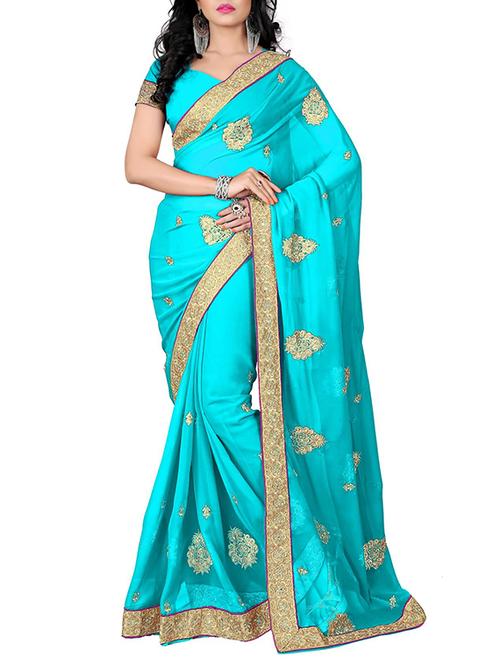 turquoise georgette saree with blouse - 12277900 - Very Small Image - 1