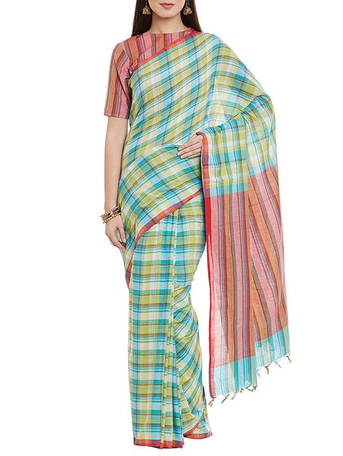 checkered woven saree with blouse - 12290175 - Very Small Image - 1