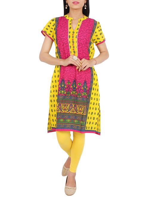 yellow cotton straight kurti - 12297230 - Very Small Image - 1