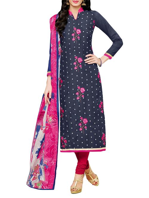 blue cotton embroiddered dress material - 12298560 - Very Small Image - 1