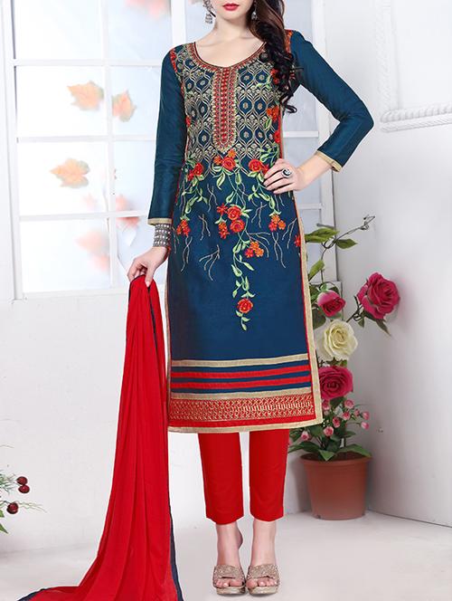 blue cotton unstitched suit - 12300723 - Very Small Image - 1