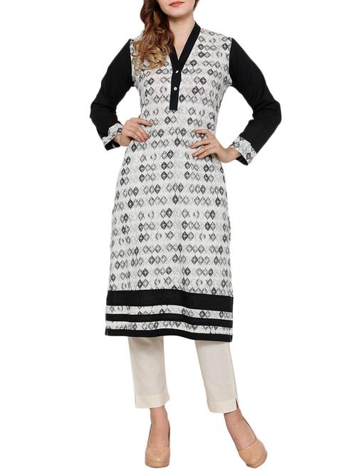 white cotton blend straight kurta - 12308851 - Very Small Image - 1