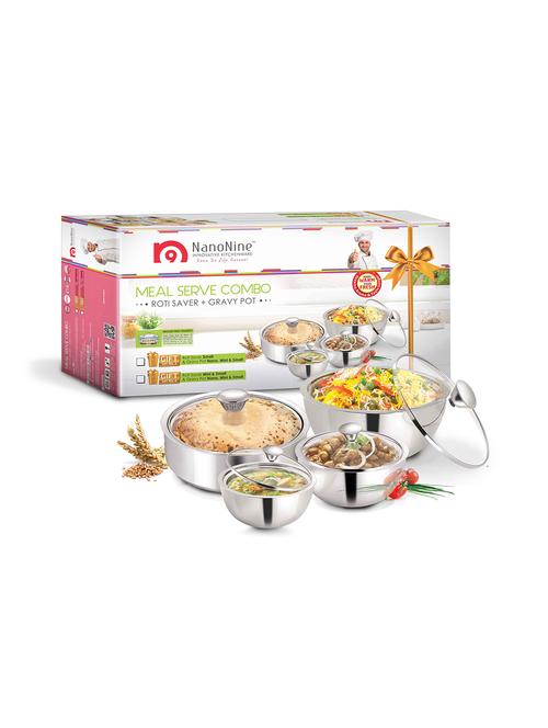 nanonine stainless steel meal serve combo gift set no. 3 (roti serve small + gravy pot nano, mini & small) ss180 - 12310164 - Very Small Image - 1