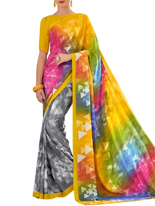 yellow crepe saree with blouse - 12315156 - Very Small Image - 1