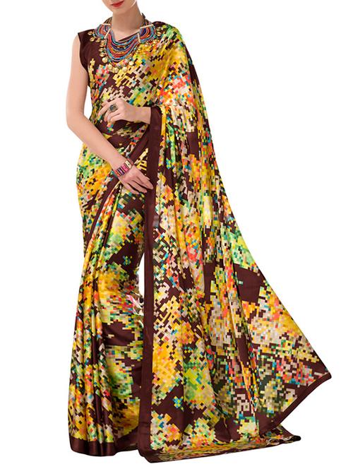 yellow crepe saree with blouse - 12315158 - Very Small Image - 1