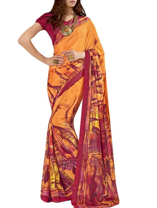 yellow crepe saree with blouse - 12315172 - Very Small Image - 1