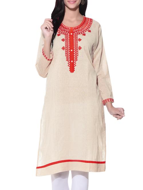 beige cotton straight kurti - 12315741 - Very Small Image - 1