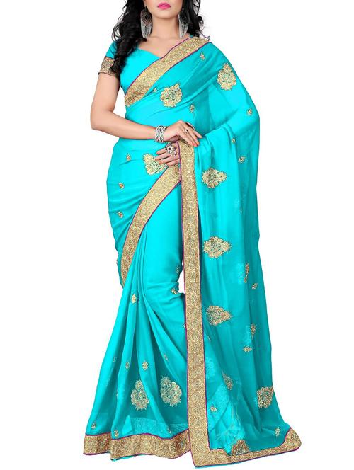 turquoise georgette saree with blouse - 12323129 - Very Small Image - 1