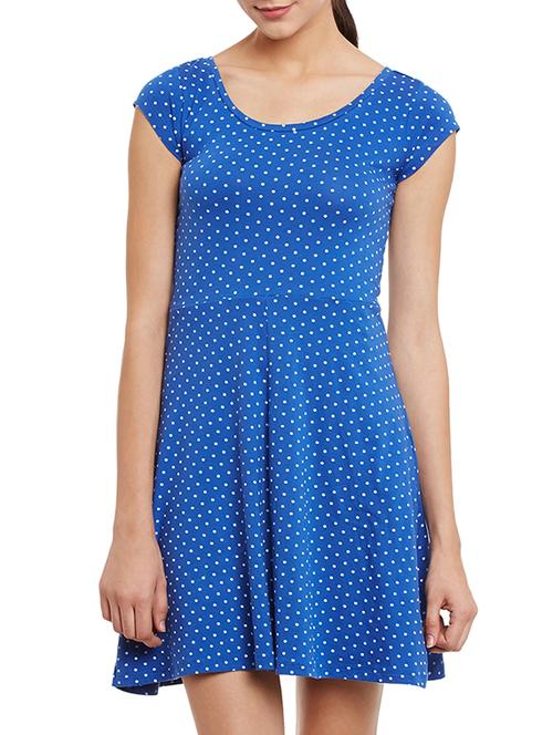 blue polka dot jersey fit & flare dress - 12323756 - Very Small Image - 1
