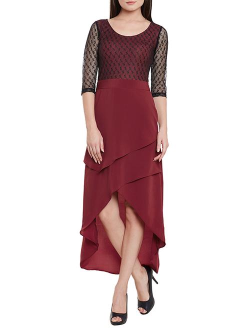 solid marsala lace assymetric dress - 12323762 - Very Small Image - 1