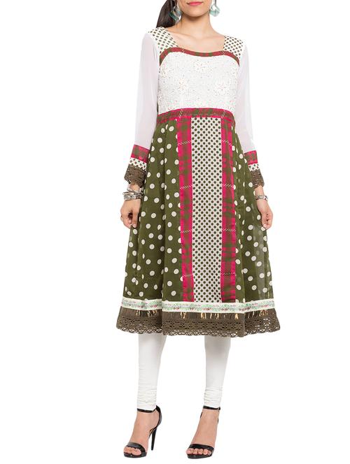 white & green georgette straight kurta - 12330540 - Very Small Image - 1
