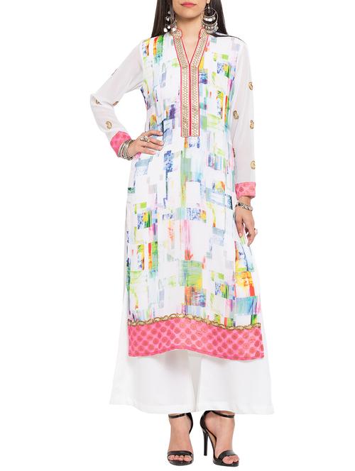 white georgette straight kurta - 12330652 - Very Small Image - 1
