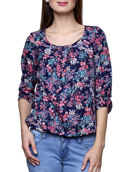 blue floral printed poly crepe top - 12334141 - Very Small Image - 1