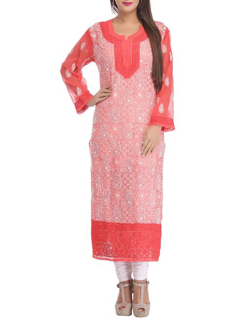 pink georgette chikankari straight kurta - 12346428 - Very Small Image - 1