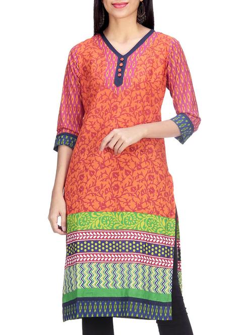 orange cotton straight kurta - 12347964 - Very Small Image - 1