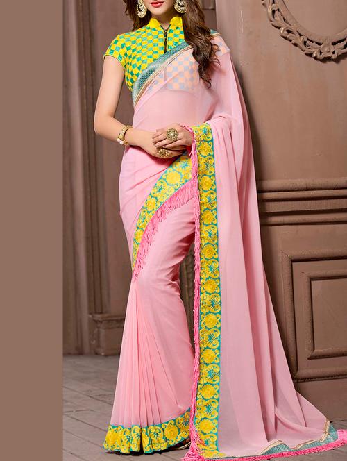 pink georgette embroidered saree - 12353526 - Very Small Image - 1