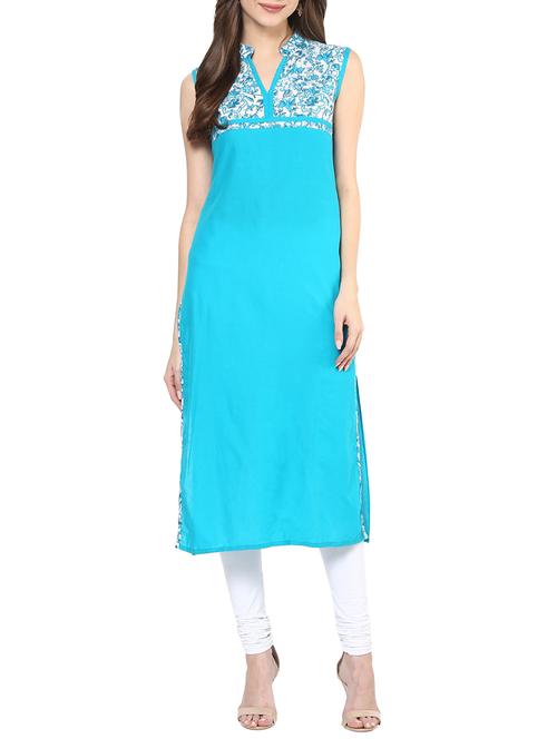 turquoise cotton printed long kurta - 12359006 - Very Small Image - 1