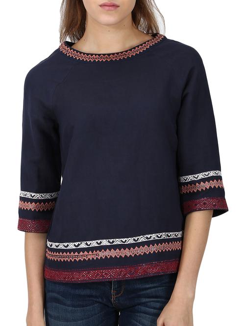 navy blue embroidered linen straight top - 12369370 - Very Small Image - 1
