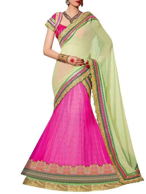 green and pink lehenga saree with blouse - 12370259 - Very Small Image - 1