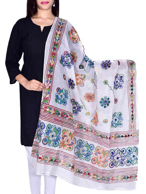 white cotton embellished dupatta - 12372866 - Very Small Image - 1