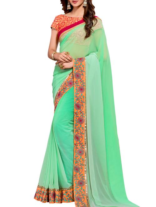 green georgette printed bordered saree with blouse - 12374468 - Very Small Image - 1